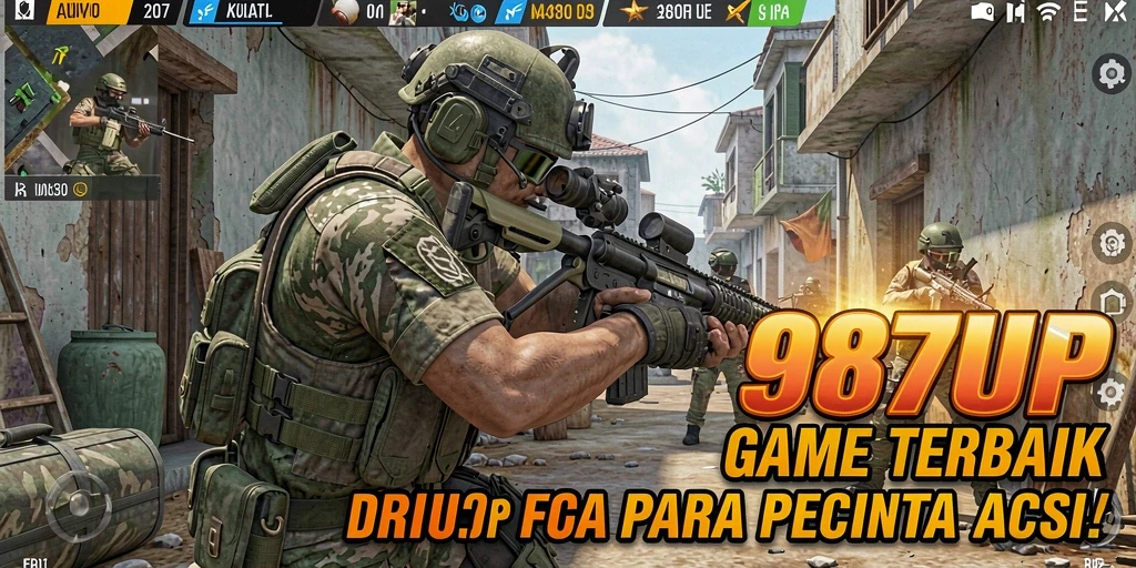 Tampilan mendebarkan dari gameplay 987UP di medan pertempuran FPS.