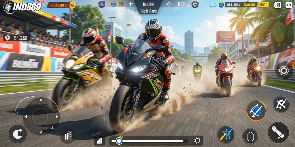 Tangkapan layar utama IND89 menampilkan aksi balapan motor yang mendebarkan.