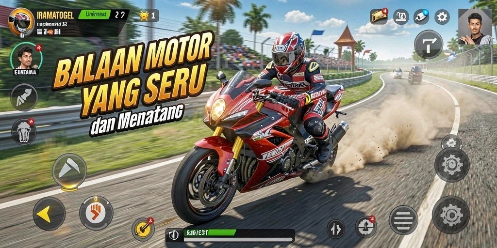 Tampilan balapan seru dalam IRAMATOGEL dengan banyak motor dan trek.