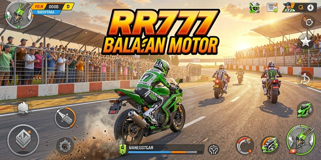 Screenshot gameplay RR777 menampilkan aksi balapan motor yang mendebarkan.